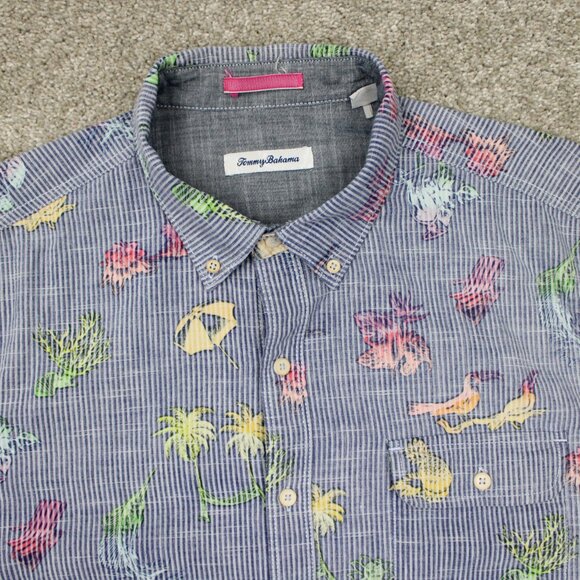 Tommy Bahama Reverse Print Shirt Mens Large Blue Hawaiian Cotton/Tencel S/S - Picture 5 of 14